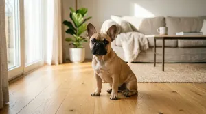 A healthy fawn French Bulldog sitting in a sunlit modern living room.
