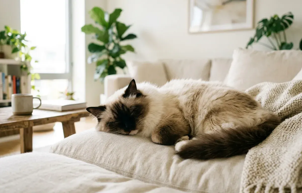 A healthy adult Ragdoll cat resting comfortably on a sofa illustrating the average lifespan of Ragdoll cats