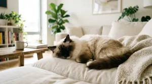 A healthy adult Ragdoll cat resting comfortably on a sofa illustrating the average lifespan of Ragdoll cats