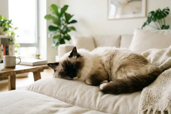 A healthy adult Ragdoll cat resting comfortably on a sofa illustrating the average lifespan of Ragdoll cats