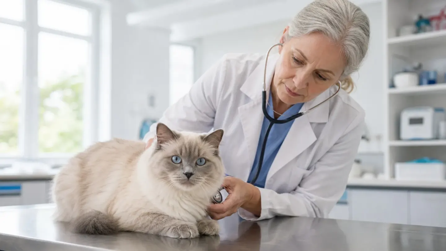 A senior Ragdoll cat undergoing a routine veterinary health examination to monitor heart condition and overall longevity
