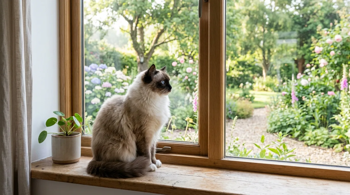 An indoor Ragdoll cat sitting on a window sill highlighting the safety and extended lifespan of indoor living