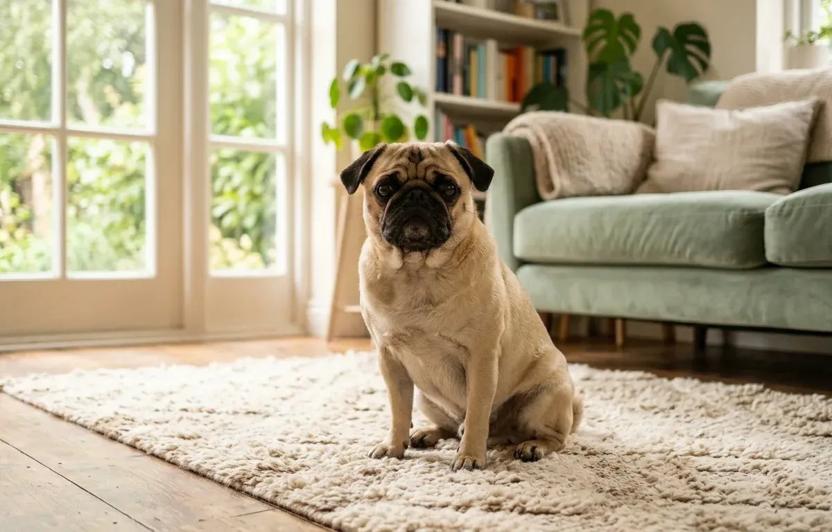 Fawn Pug sitting calmly in a sunlit home living room representing average Pug lifespan
