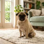 Fawn Pug sitting calmly in a sunlit home living room representing average Pug lifespan