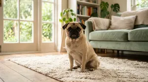 Fawn Pug sitting calmly in a sunlit home living room representing average Pug lifespan