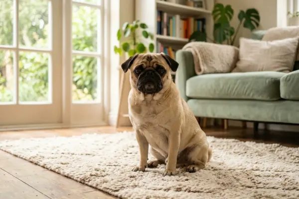 Fawn Pug sitting calmly in a sunlit home living room representing average Pug lifespan