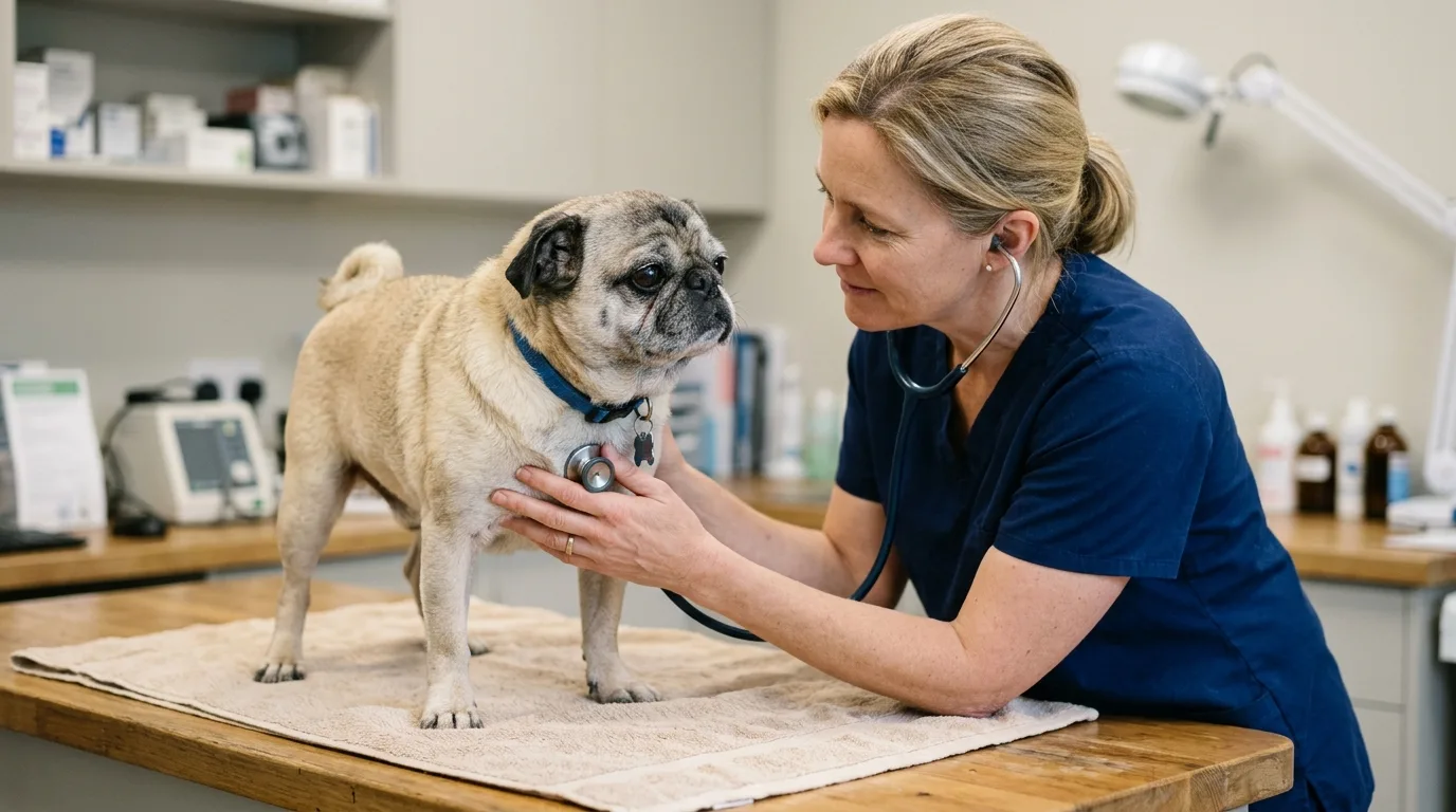 Senior Pug receiving a routine health examination at a veterinary clinic