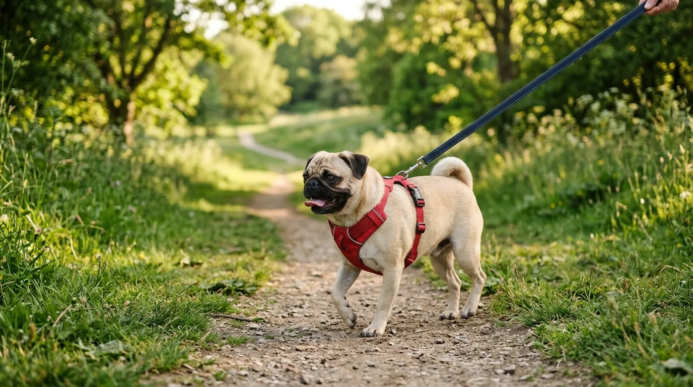Pug dog walking safely on a park trail using a supportive chest harness