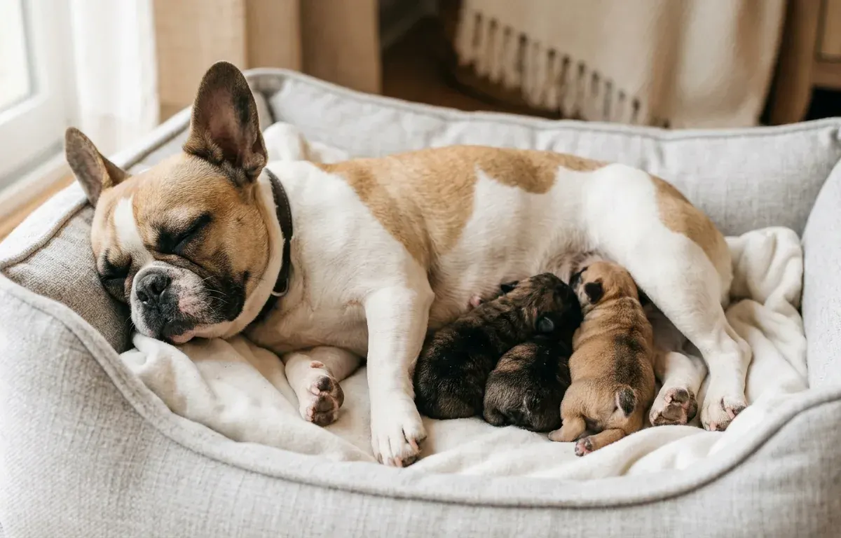 A mother French Bulldog resting in a cozy bed with her litter of three newborn puppies.