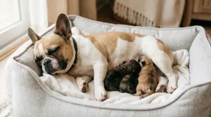 A mother French Bulldog resting in a cozy bed with her litter of three newborn puppies.