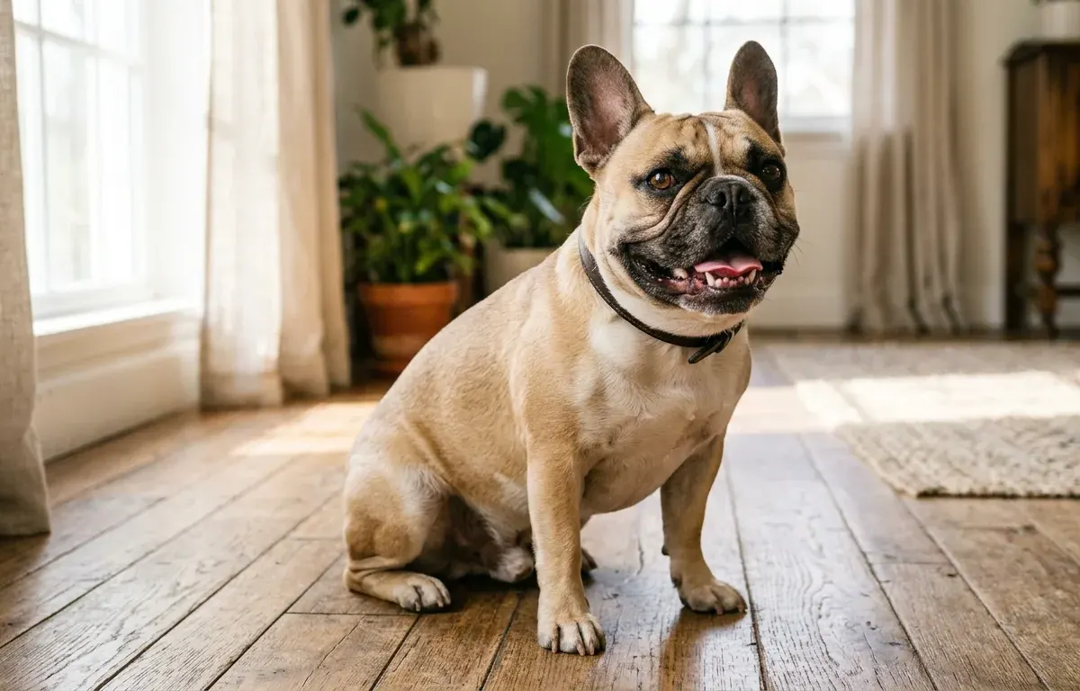 An adult French Bulldog showing clean white teeth in a well-lit room