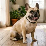 An adult French Bulldog showing clean white teeth in a well-lit room