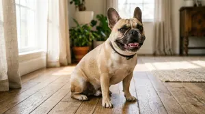 An adult French Bulldog showing clean white teeth in a well-lit room