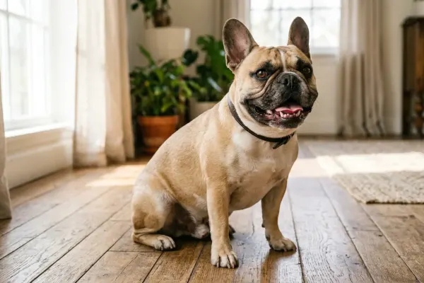 An adult French Bulldog showing clean white teeth in a well-lit room