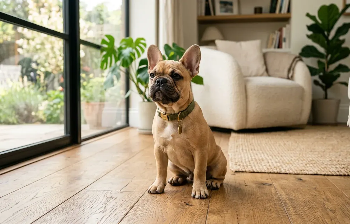 A healthy fawn French Bulldog puppy sitting in a bright living room, representing typical French Bulldog purchase costs.