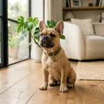 A healthy fawn French Bulldog puppy sitting in a bright living room, representing typical French Bulldog purchase costs.