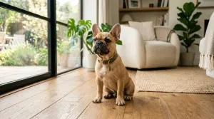 A healthy fawn French Bulldog puppy sitting in a bright living room, representing typical French Bulldog purchase costs.