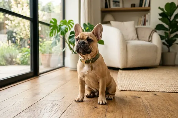 A healthy fawn French Bulldog puppy sitting in a bright living room, representing typical French Bulldog purchase costs.