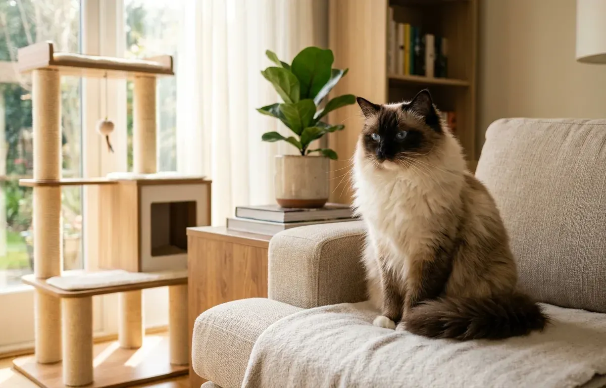 A purebred seal point Ragdoll cat resting in a bright living room.