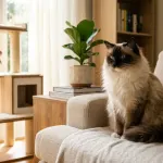 A purebred seal point Ragdoll cat resting in a bright living room.