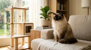 A purebred seal point Ragdoll cat resting in a bright living room.