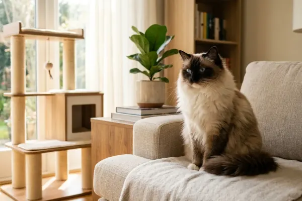 A purebred seal point Ragdoll cat resting in a bright living room.