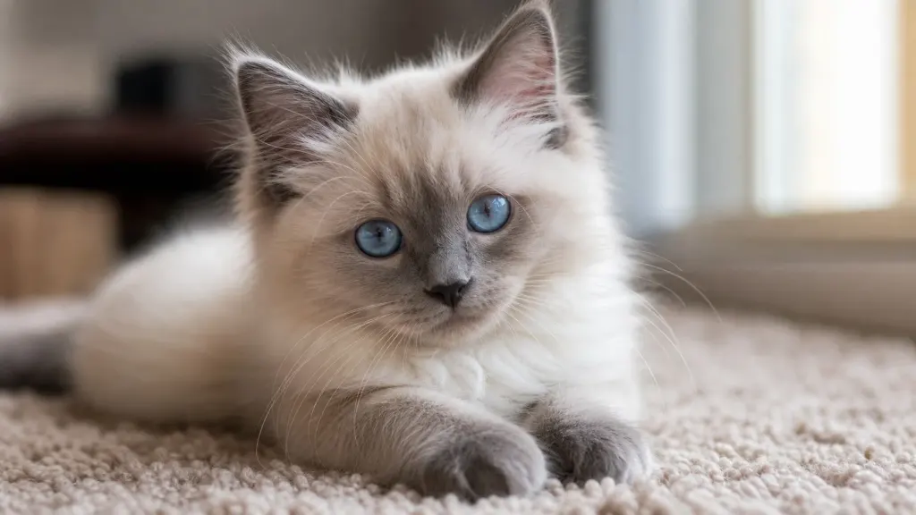 A playful blue point Ragdoll kitten resting on a soft carpet.