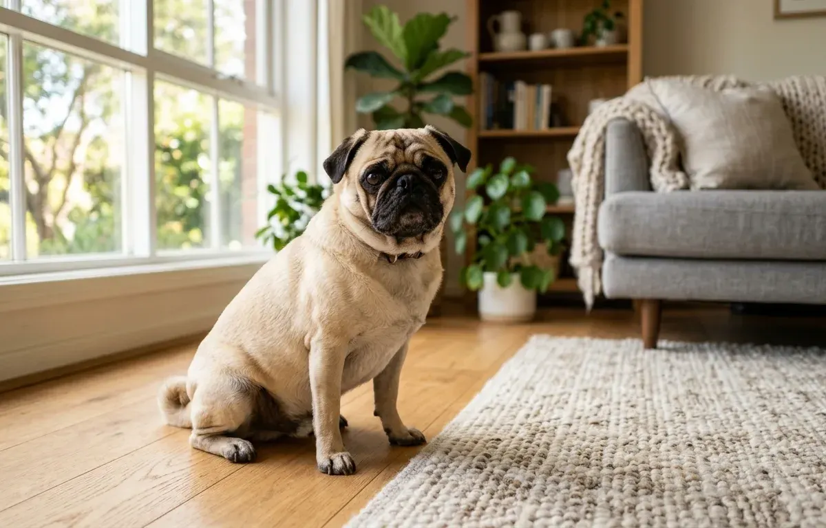Fawn pug dog sitting on a hardwood floor in a home setting