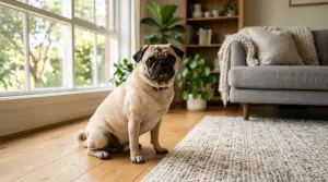 Fawn pug dog sitting on a hardwood floor in a home setting