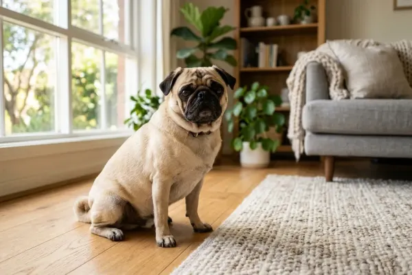 Fawn pug dog sitting on a hardwood floor in a home setting