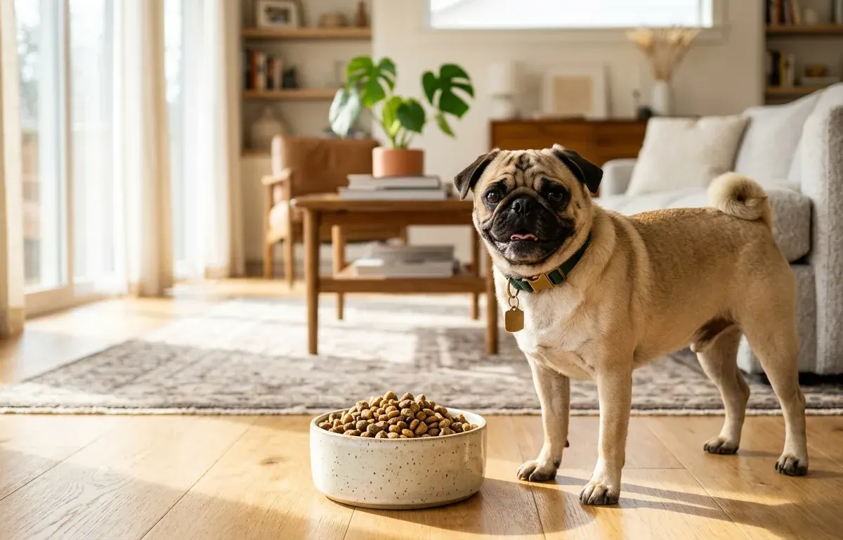 A healthy fawn Pug standing next to a bowl of dry dog food in a sunlit home.