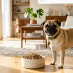 A healthy fawn Pug standing next to a bowl of dry dog food in a sunlit home.