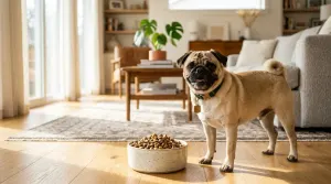 A healthy fawn Pug standing next to a bowl of dry dog food in a sunlit home.