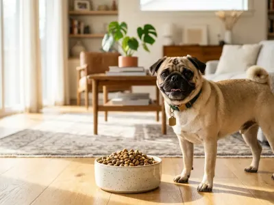 A healthy fawn Pug standing next to a bowl of dry dog food in a sunlit home.