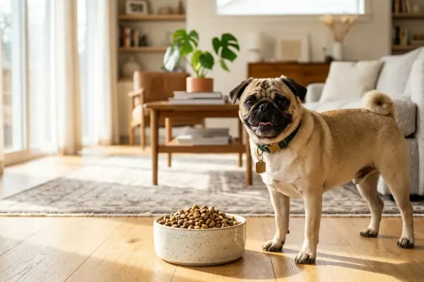 A healthy fawn Pug standing next to a bowl of dry dog food in a sunlit home.
