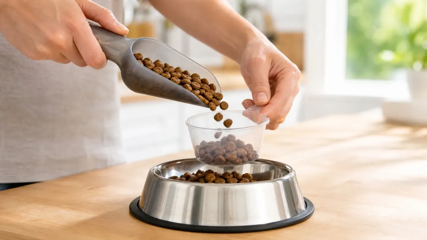 Measuring a daily dry dog food portion with a standard measuring cup.