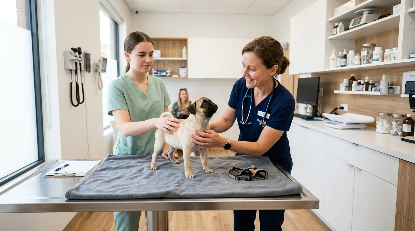 A veterinarian examining an adult Pug to check body condition and weight.