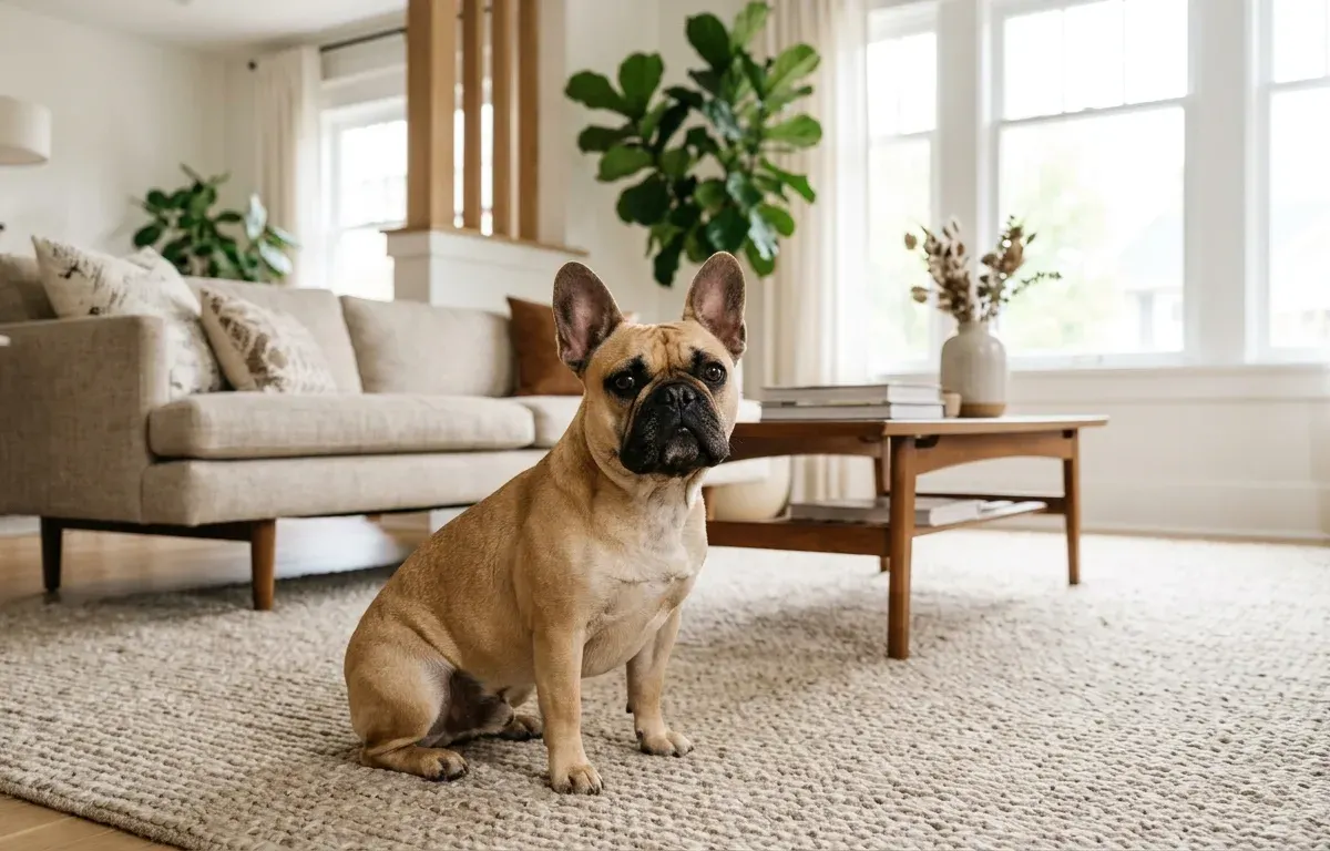 A fawn French Bulldog sitting in a bright living room illustrating proper grooming care.