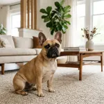 A fawn French Bulldog sitting in a bright living room illustrating proper grooming care.