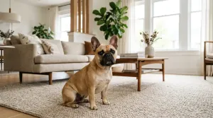 A clean French Bulldog resting on a soft towel after a bath.