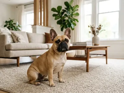 A fawn French Bulldog sitting in a bright living room illustrating proper grooming care.