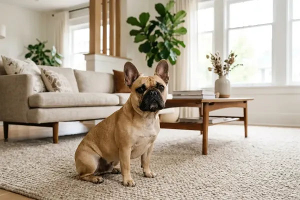 A fawn French Bulldog sitting in a bright living room illustrating proper grooming care.