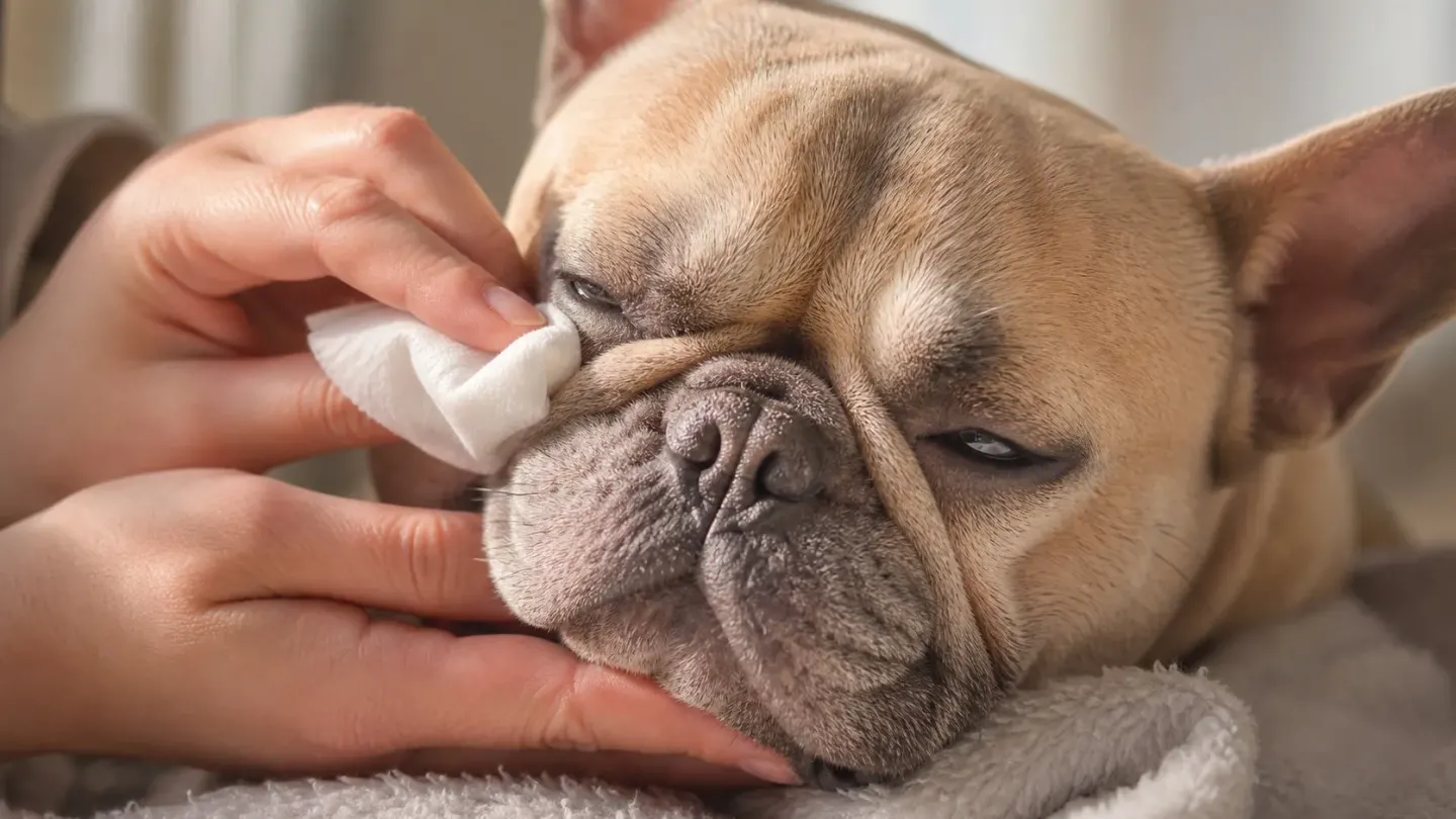 Cleaning facial wrinkles and skin folds of a French Bulldog with a soft cloth.