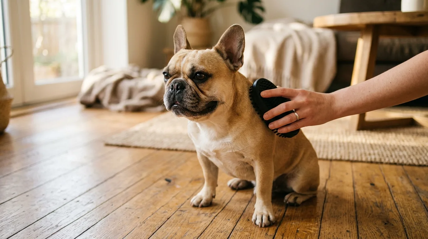 Brushing a French Bulldog coat between baths to distribute natural skin oils.