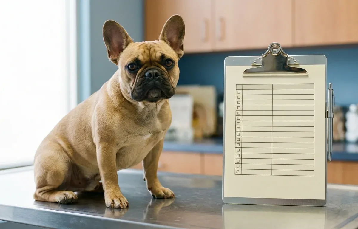 A fawn French Bulldog undergoing pre-breeding health evaluations.