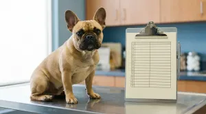 A fawn French Bulldog undergoing pre-breeding health evaluations.