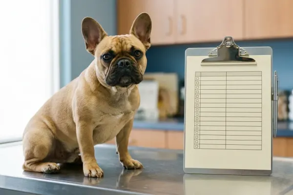 A fawn French Bulldog undergoing pre-breeding health evaluations.