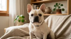 A healthy adult French Bulldog sitting calmly in a sunlit living room.
