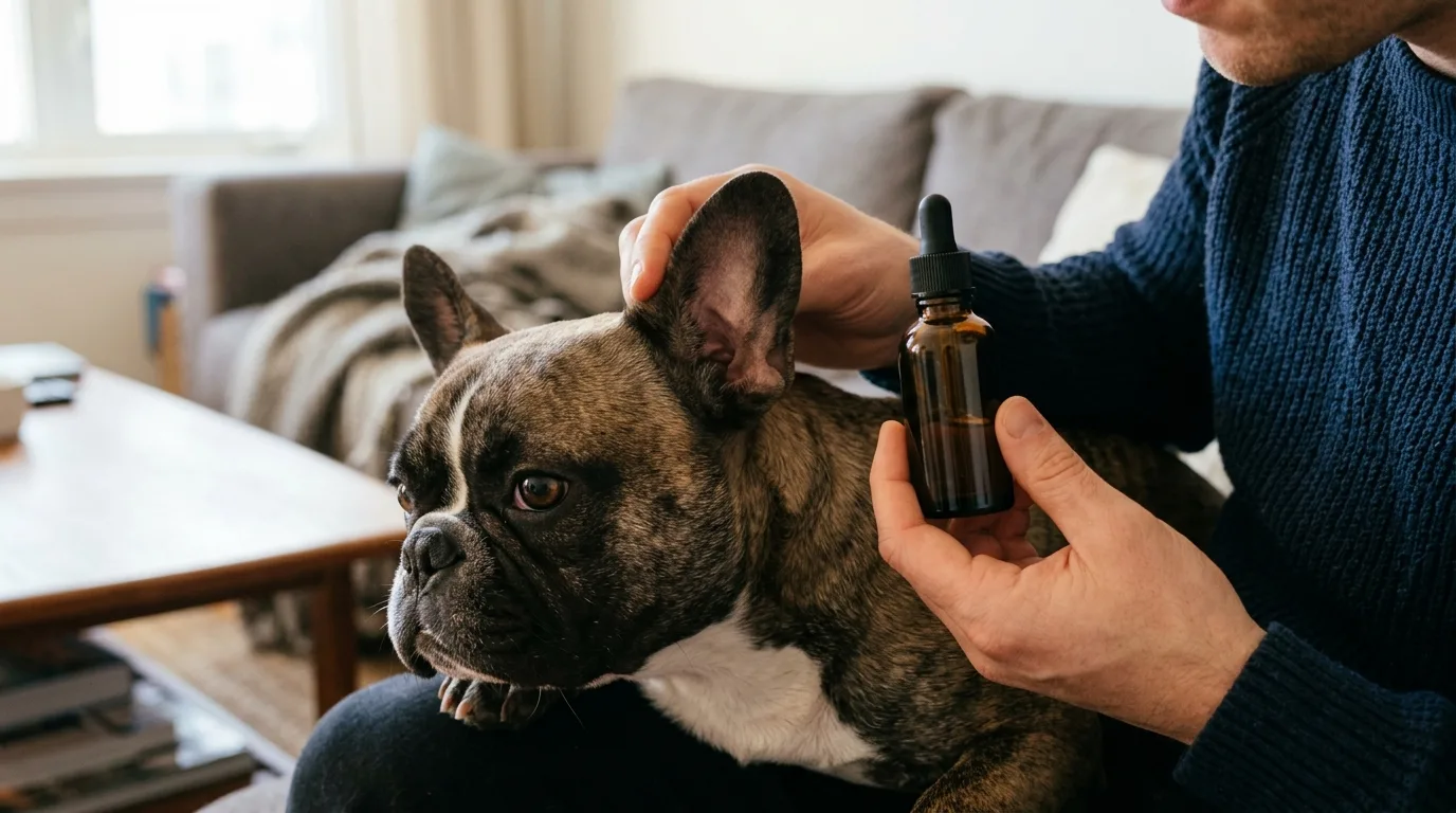 Gentle ear cleaning procedure for a French Bulldog