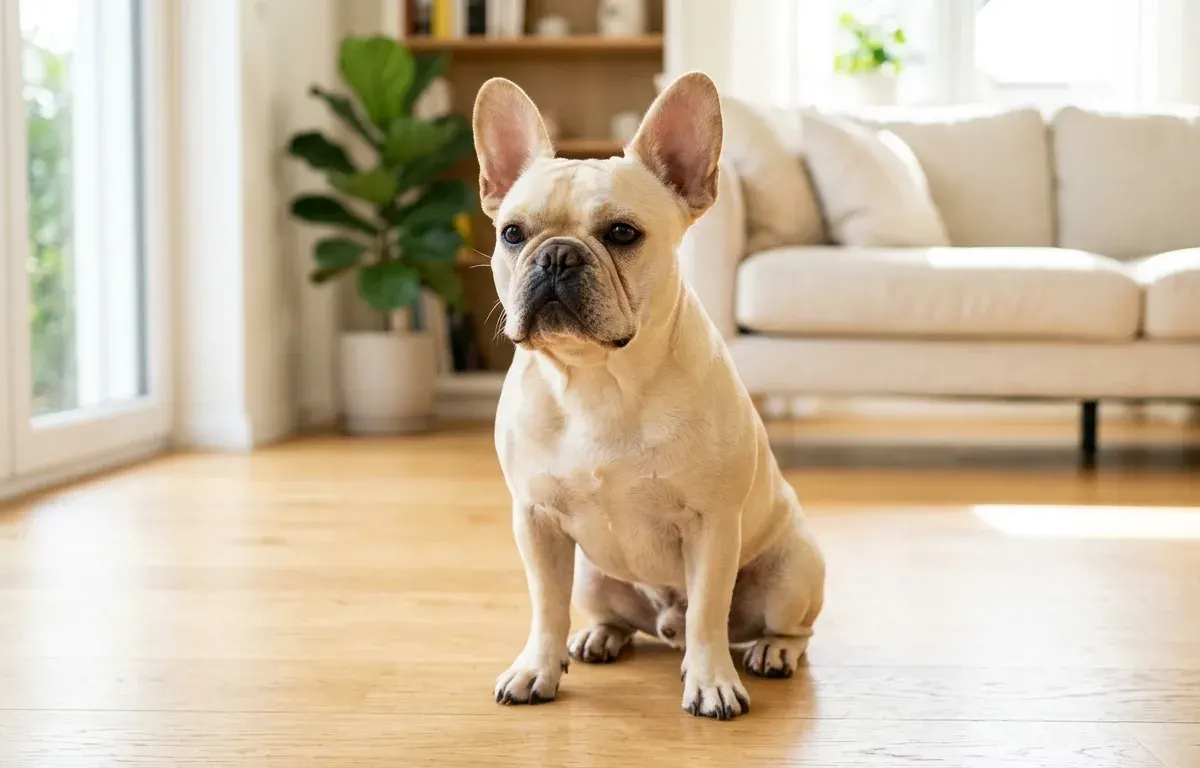 A healthy cream French Bulldog with upright bat ears sitting calmly in a sunlit living room.